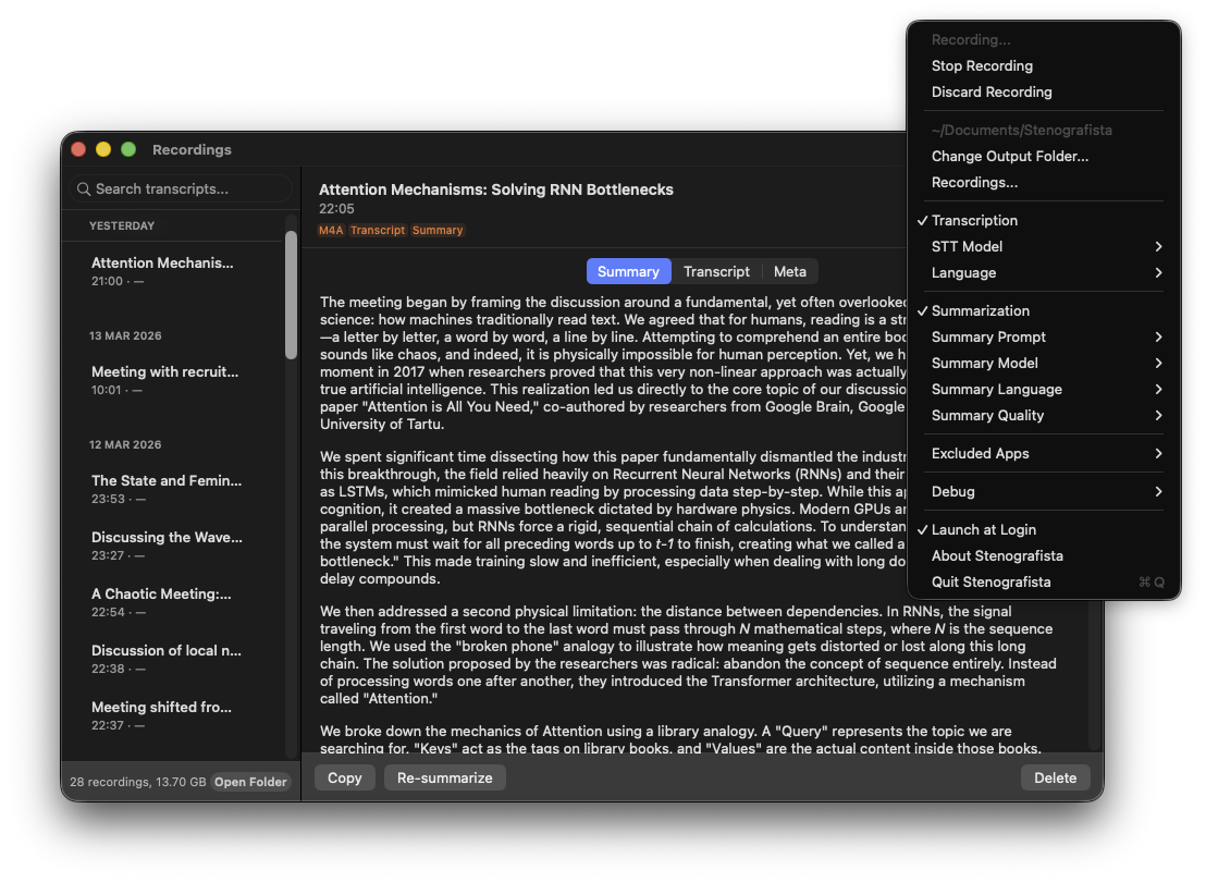 Stenografista — recordings window and menu bar
